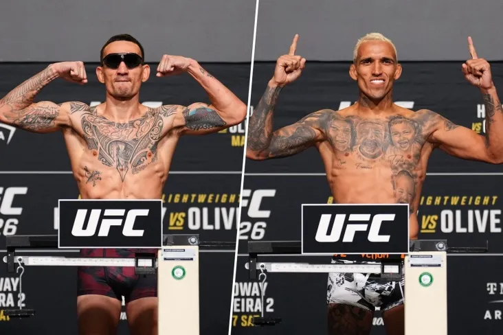 Maks Xollouey va Charlz Oliveyra UFC 326-da BMF unvoni uchun kurashdan oldin og'irlik qilishdi