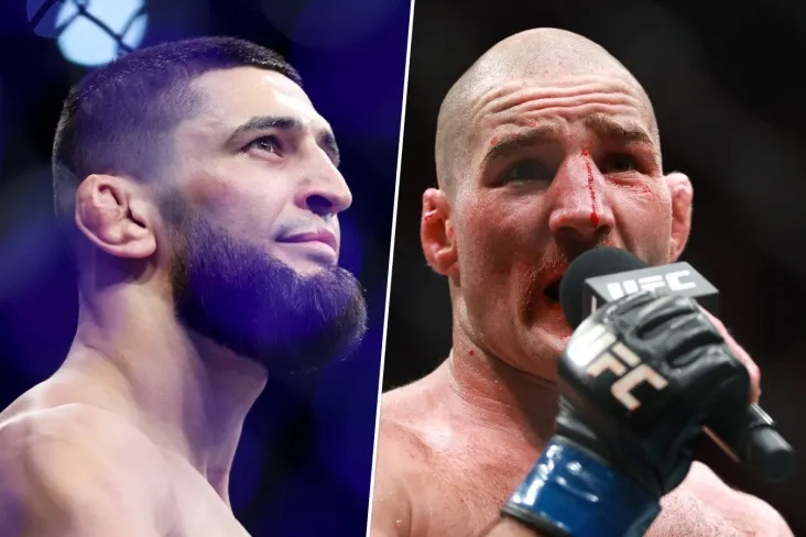 Chimaev va Striklend UFC 328 matbuot anjumanida sahnaning turli qirralariga ekilgan