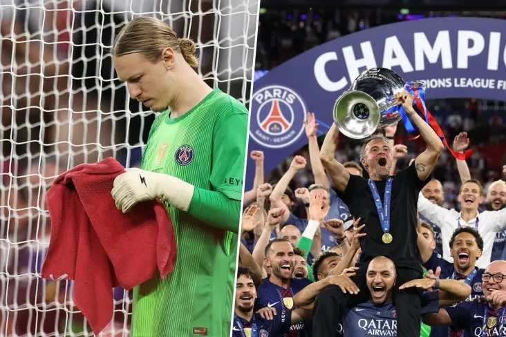 Safonov Cheat varaqlariga qaradi, Luis Enrike yelkasida ko'tarildi. Chempionlar Ligasi finalining fotosurati
