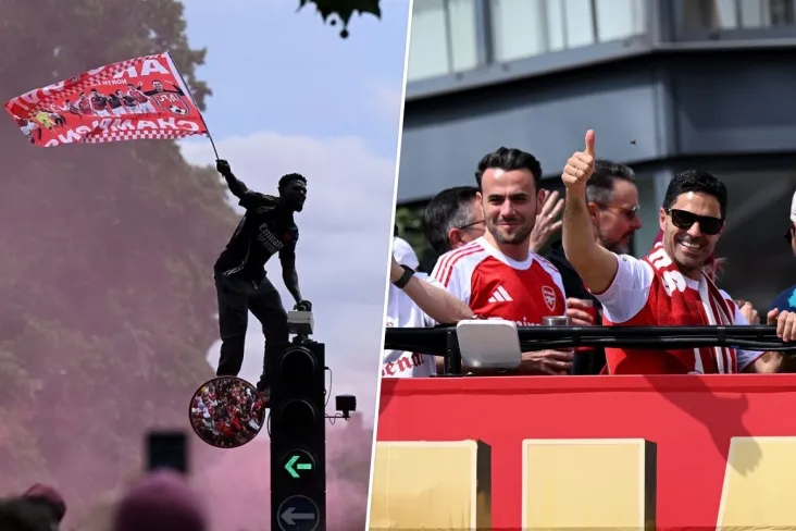 Muxlislar svetoforga chiqishdi, Arteta "bosh barmog'ini" ko'rsatdi. "Arsenal" paradining fotosurati